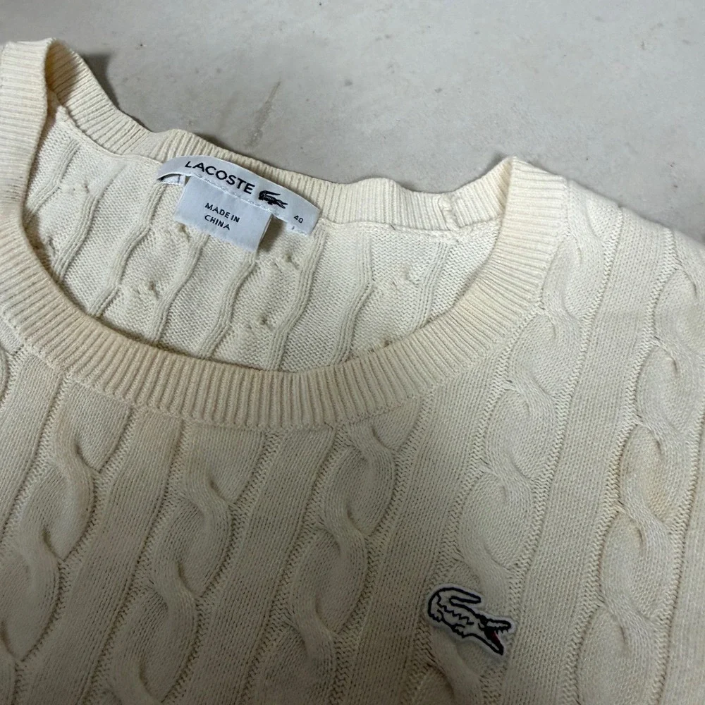 Lacoste Mens Cable Knit‎ Cotton Sweater Cream White Crew Neck Size 40